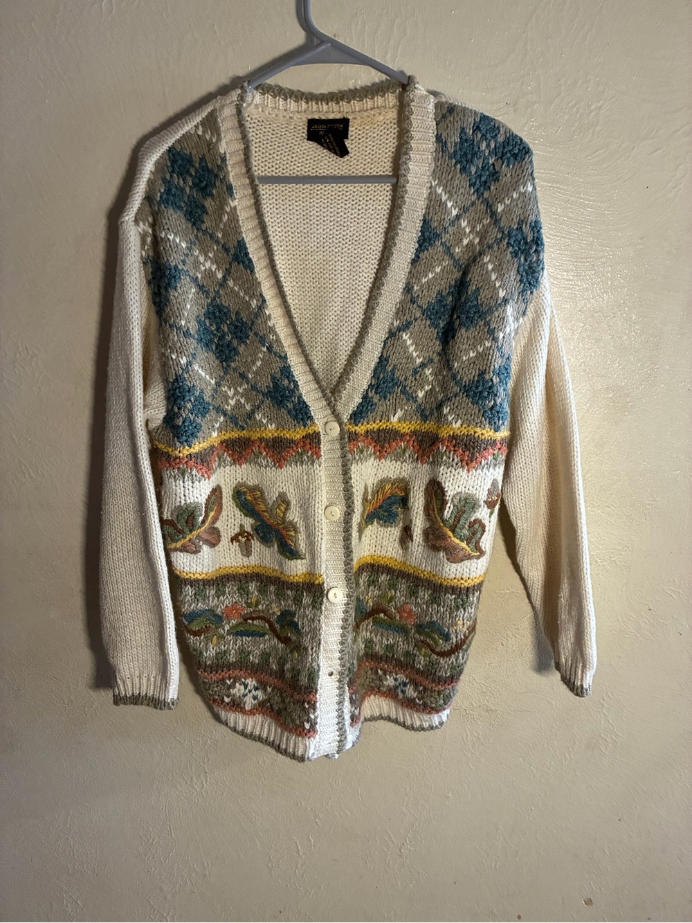 Women's Ivory Knit Cardigan with Multicolor Pattern,Ramie/Acrylic